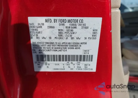 2008 Mercury Mariner Premier z USA, uszkodzony, nr VIN 4M2CU87118KJ47131